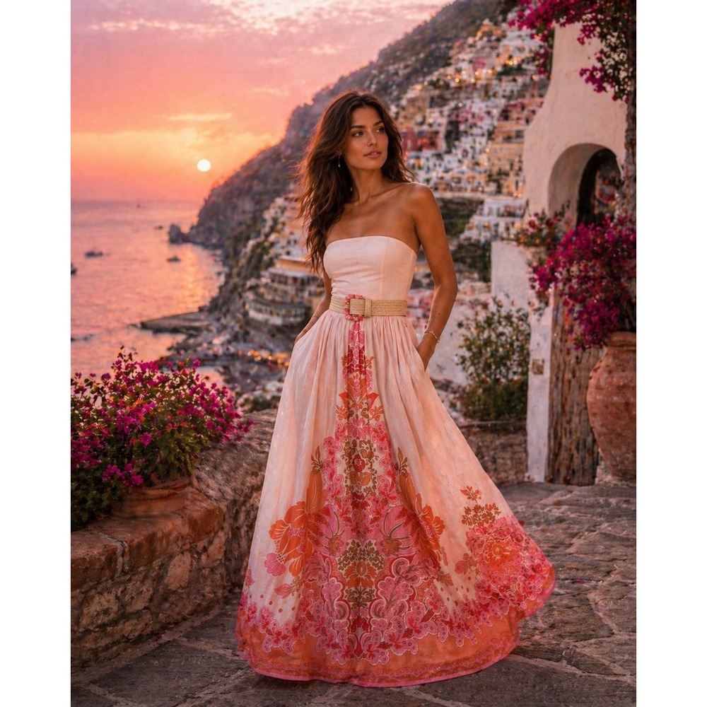 Zimmermann Violet Strapless Pink Linen Maxi Dress Belted Pockets AU 0 | US 4 - Picture 2 of 8